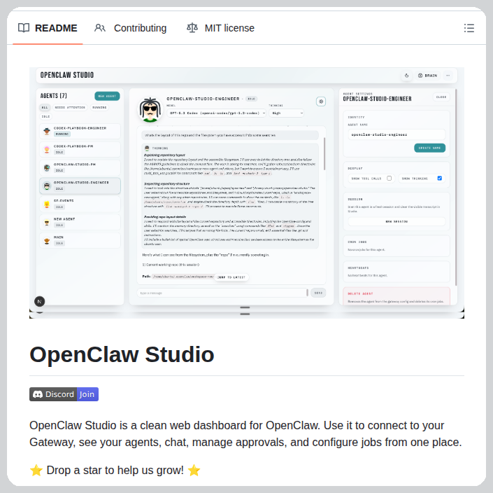 Screenshot of OpenClaw Studio dashboard showing real-time AI agent status and chat interface on a laptop screen