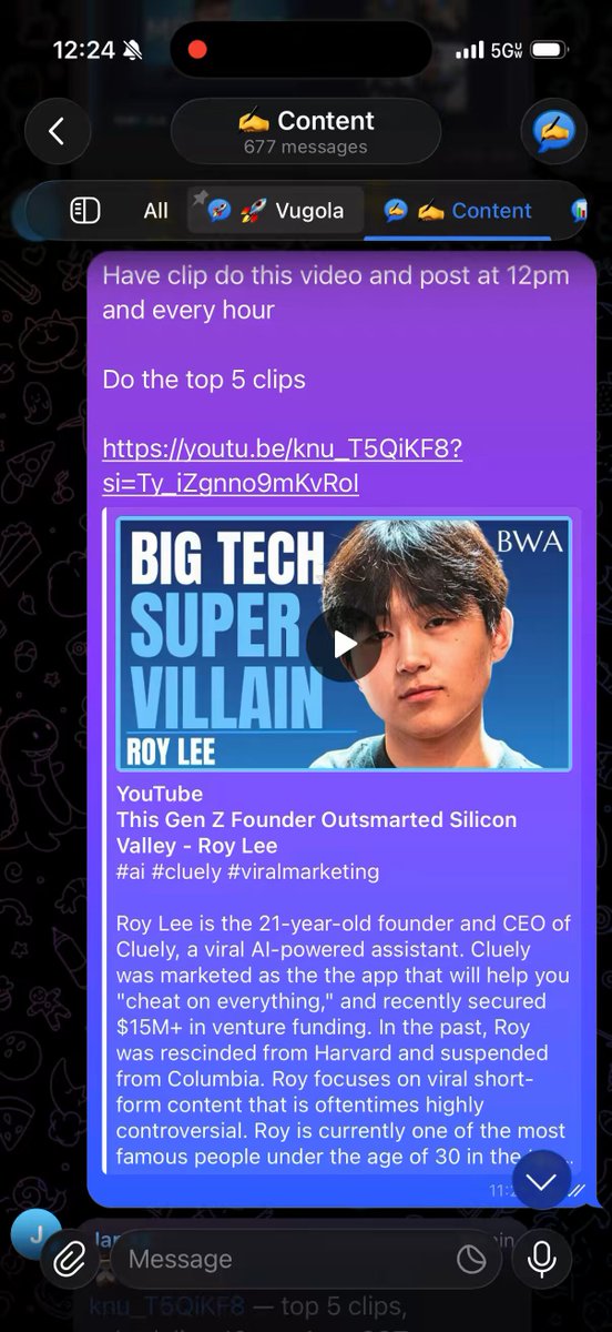 Diagram showing YouTube link input to chatbot, AI processing steps, and output to Instagram, TikTok, and YouTube Shorts