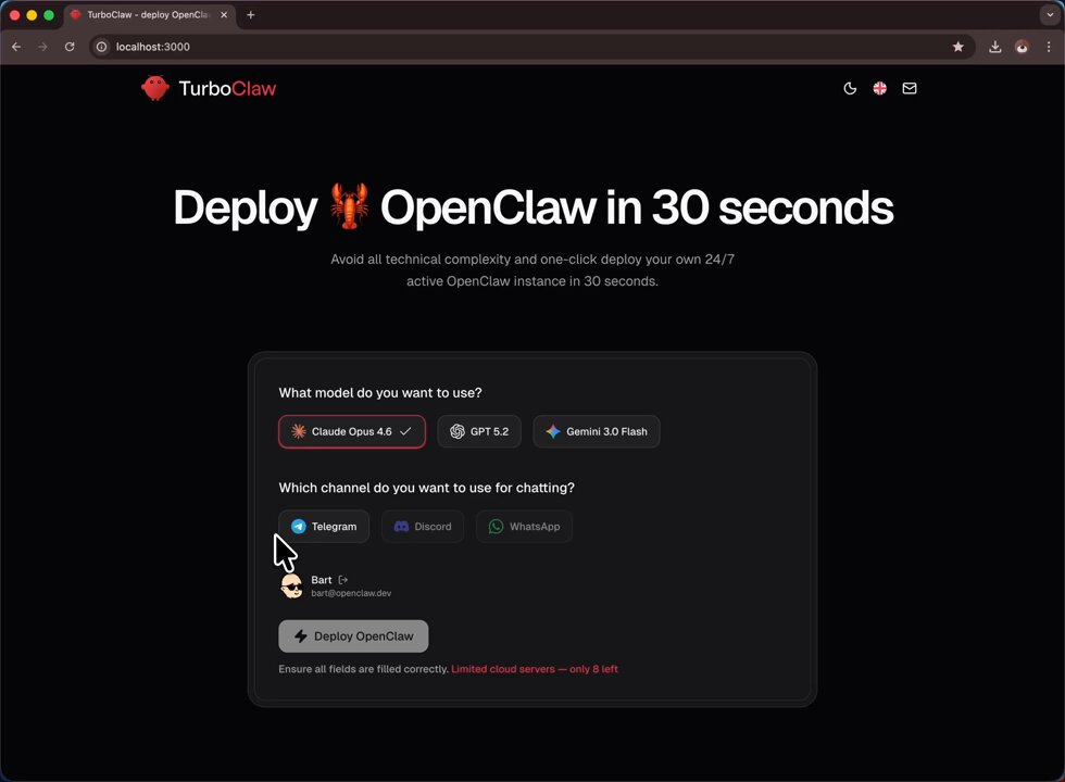 Dashboard showing OpenClaw SaaS wrapper revenue metrics and one-click deploy button