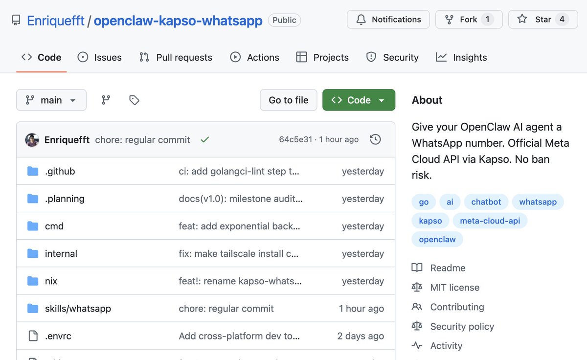 Diagram showing OpenClaw agent connected to WhatsApp logo via Kapso integration