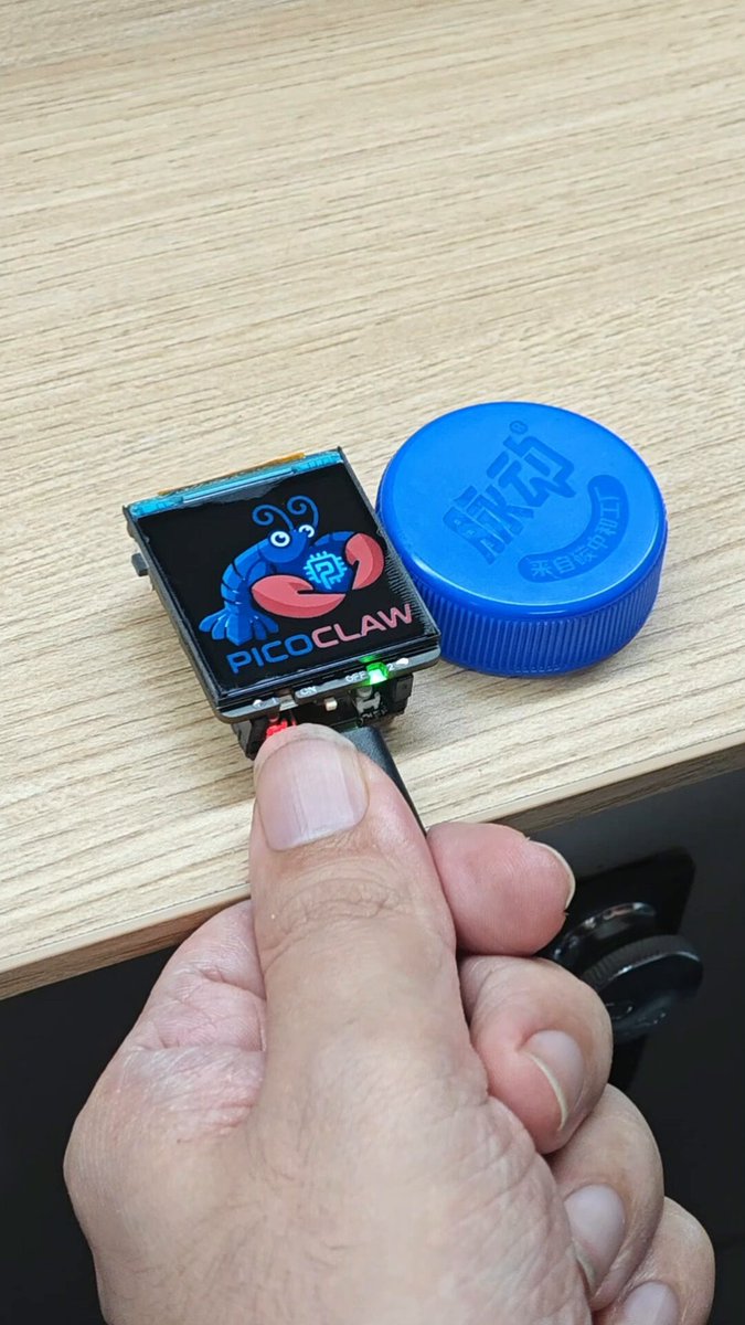 Tiny PicoClaw RISC-V hardware device resembling a bottle cap