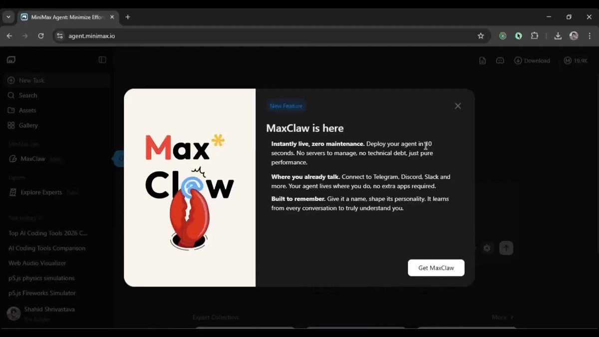 Dashboard showing MiniMax MaxClaw chat interface deploying a website connected to Telegram