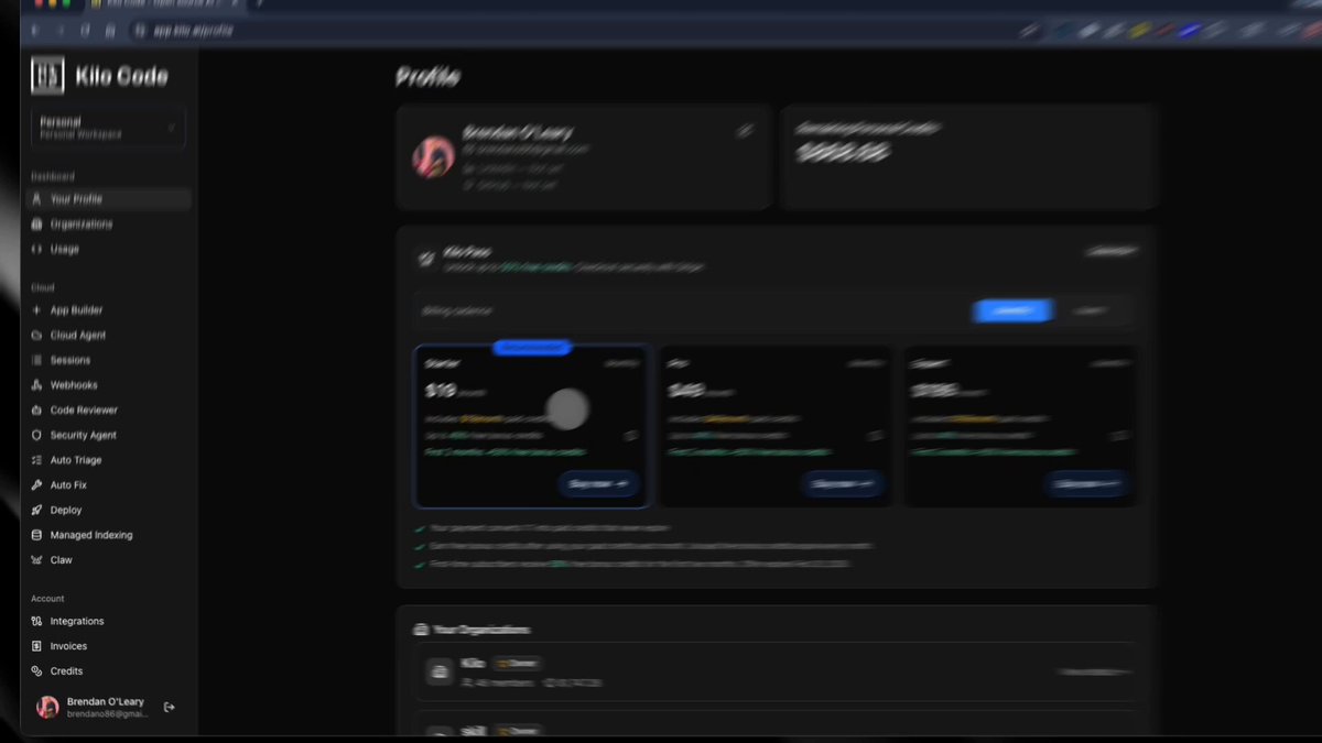 Dashboard interface of KiloClaw showing AI agent deployment options and connected channels like WhatsApp and Discord