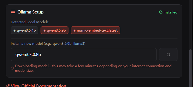 Dashboard interface of OpenClaw Manager showing one-click install buttons for AI models