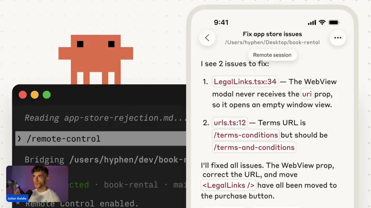 Developer using mobile phone to remotely control Claude Code running on a desktop screen with code visible