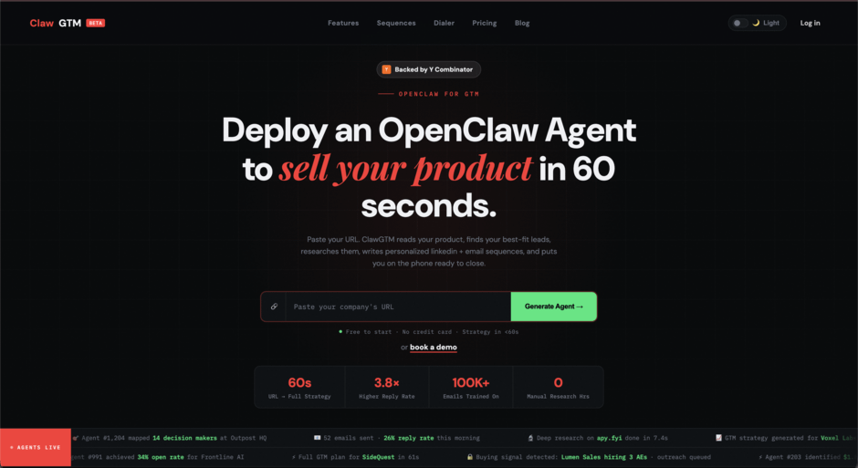 Dashboard showing Claw GTM generating a sales pipeline and personalized outreach messages from a website URL