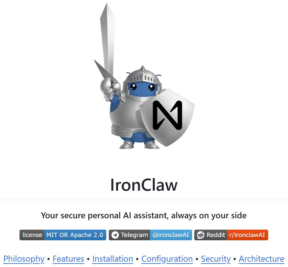 Diagram showing IronClaw architecture with Rust runtime, WASM sandbox isolation, and encrypted credential flow