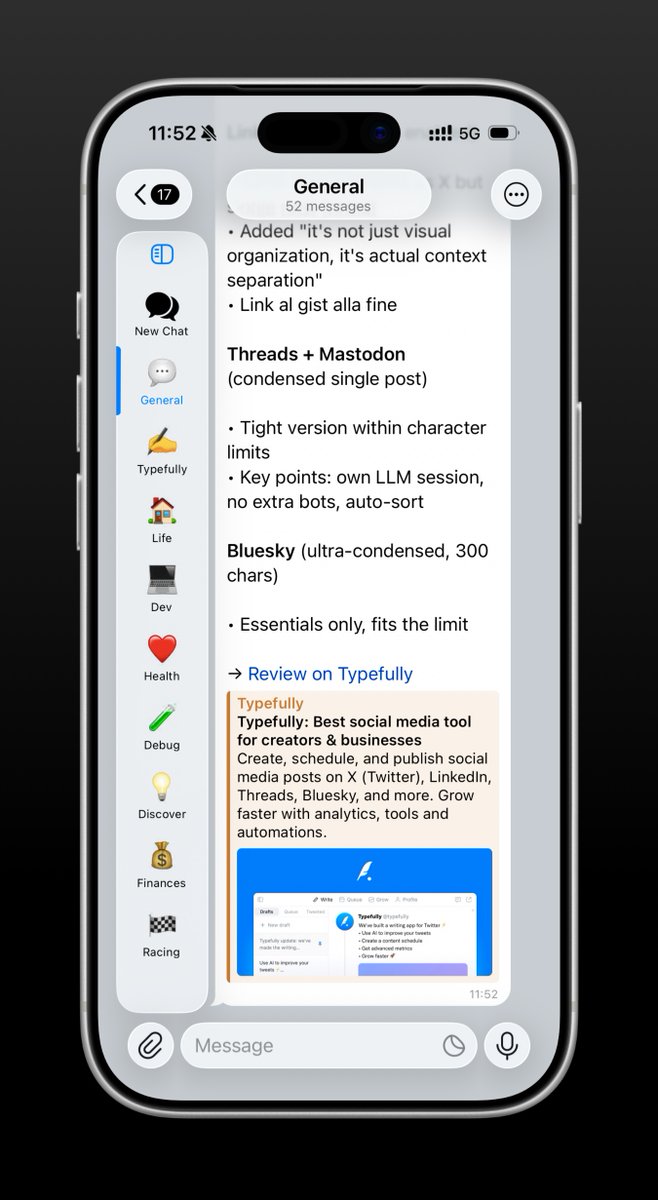 Diagram showing a Telegram chat split into multiple forum topics with isolated AI sessions for different tasks