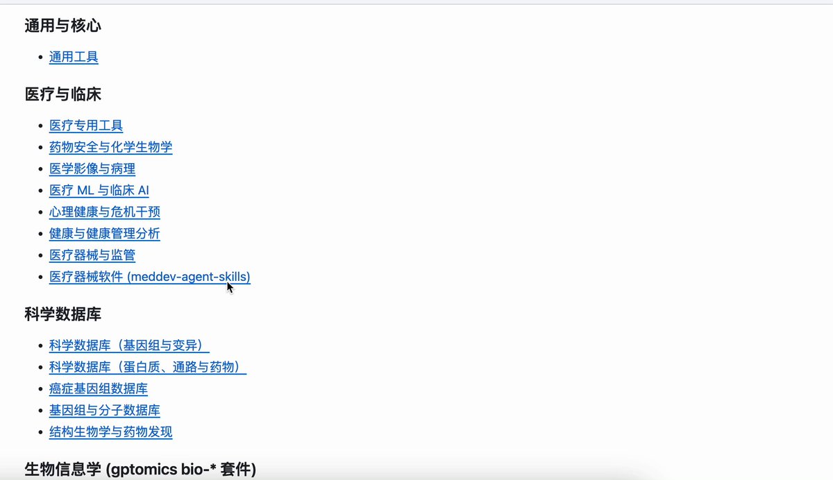 Dashboard showing OpenClaw Medical Skills library categories including genomics, drug discovery, and clinical tools