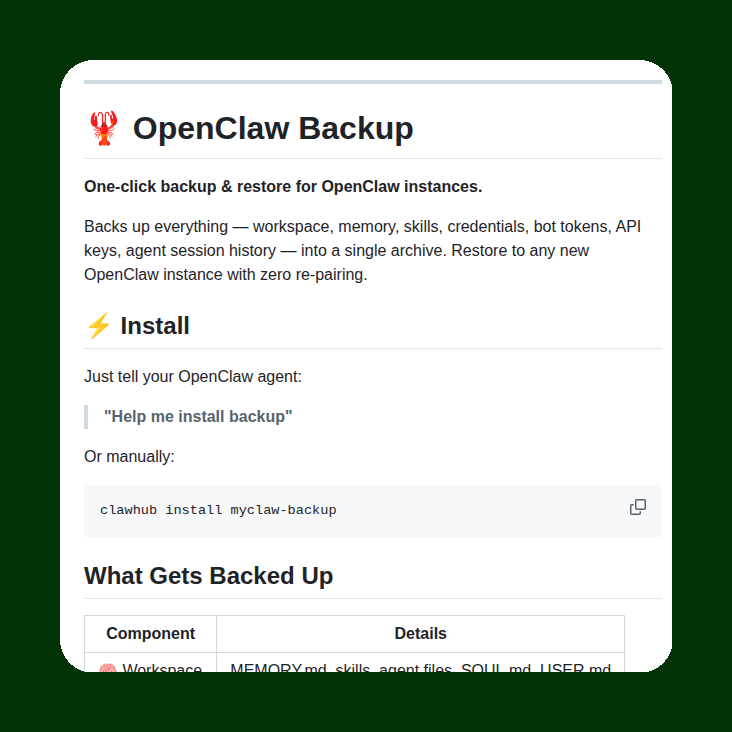 Diagram showing backup and restore process for OpenClaw instances