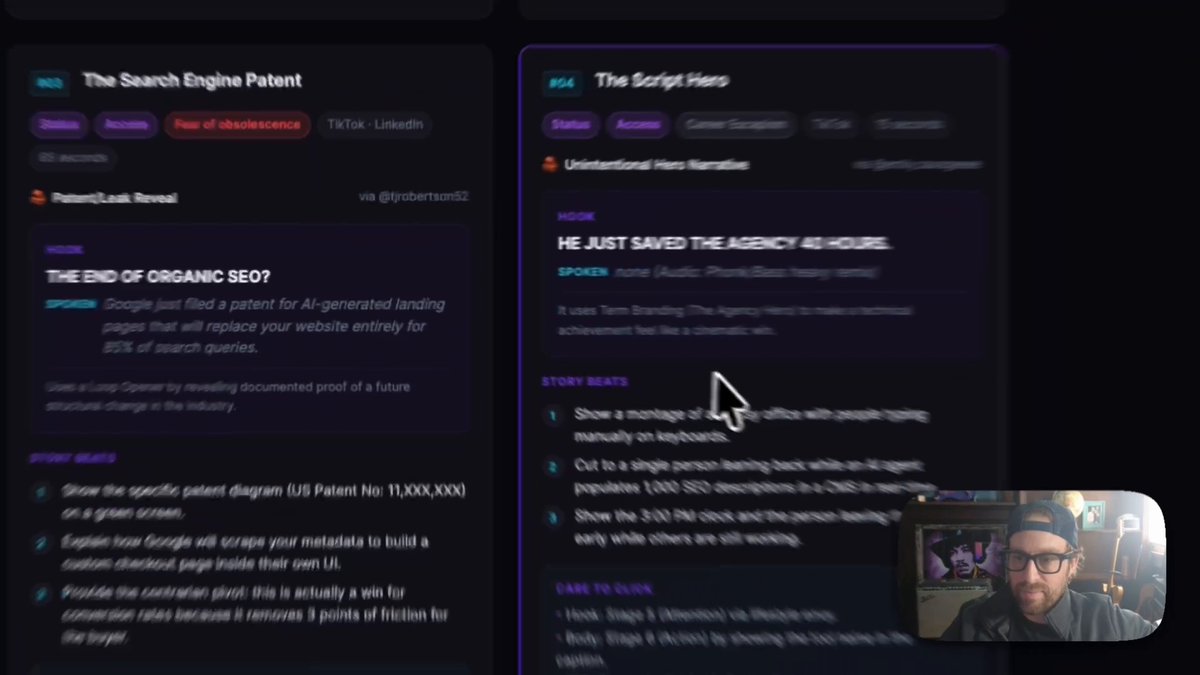 Diagram of an AI content strategy workflow showing steps from scanning creators to generating video concepts