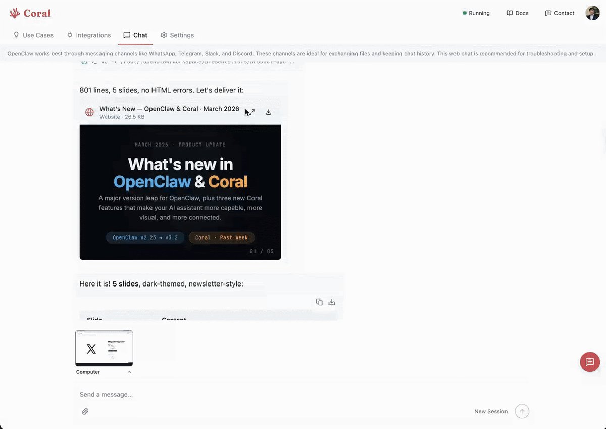 OpenClaw v3.2 界面展示实时远程桌面会话、自动生成的演示文稿幻灯片以及图像编辑聊天窗口