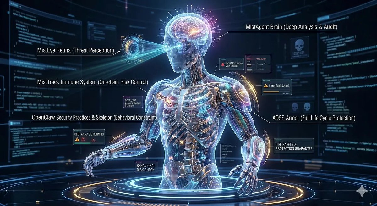 Diagram illustrating the five-layer Digital Fortress security architecture protecting AI agents with components like MistEye and MistTrack