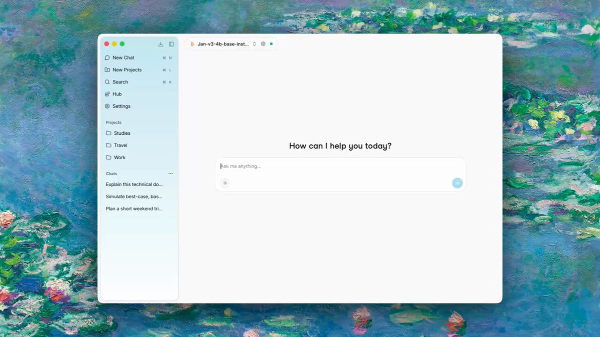 Jan Desktop interface showing local model agent configuration with automatic context management settings enabled