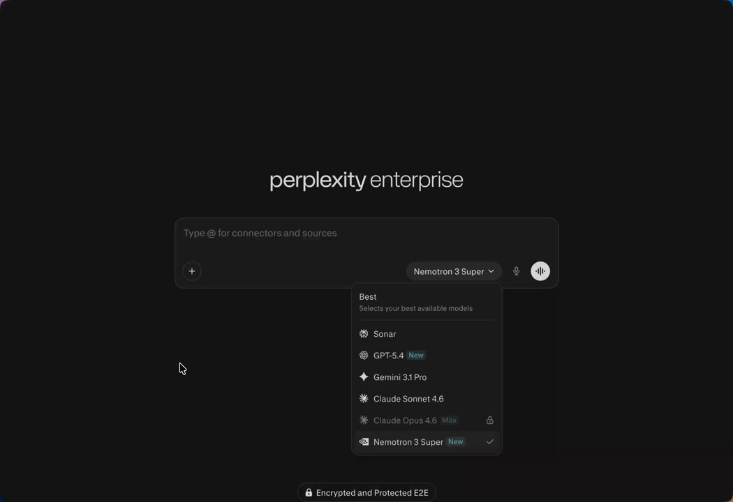 Perplexity Pro 下拉菜单中选择 Nemotron 3 Super 模型进行高级 AI 代理任务