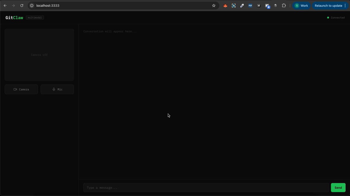 GitClaw dashboard displaying synchronized real-time analysis of voice commands, video feed, and visual code recognition for automated debugging