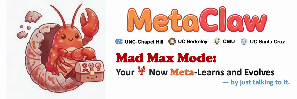 MetaClaw architecture diagram showing real-time skill extraction from chat logs and background RL weight updates triggered by Google Calendar idle slots