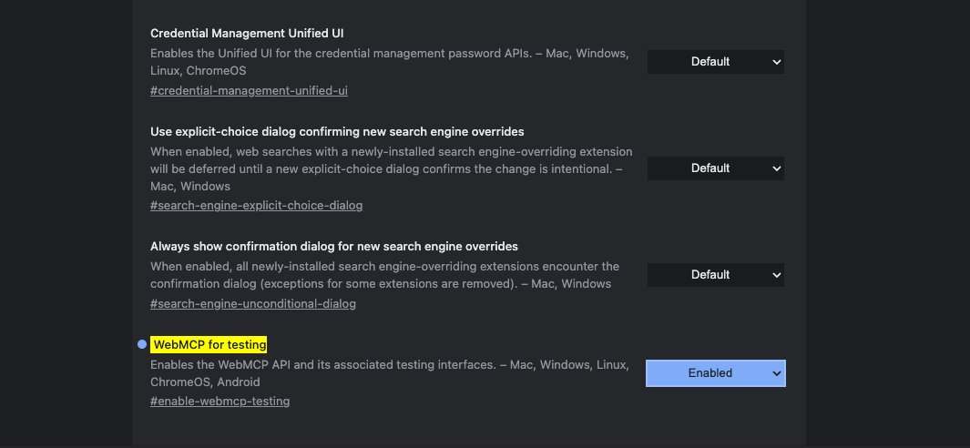 Chrome 146 flags page showing enable-webmcp-testing setting for AI agent browser control