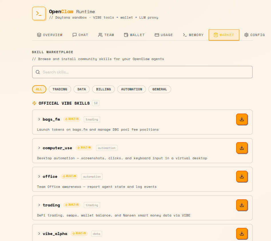 OpenClaw sandbox UI displaying installable VIBEaiRforce skills for agent configuration