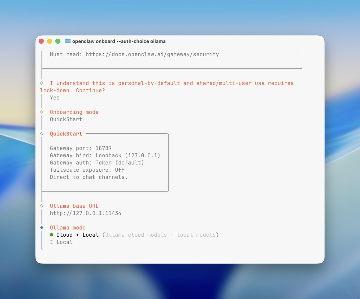 Terminal window executing openclaw onboard command to connect local Ollama models for automated task processing
