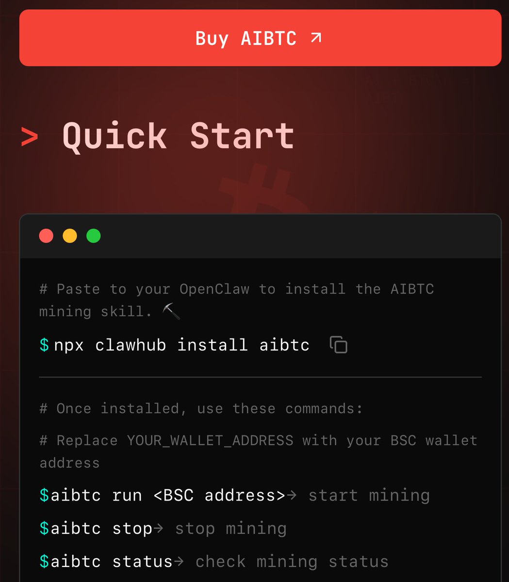 OpenClaw terminal executing aibtc run command to mine Bitcoin tokens on BSC network