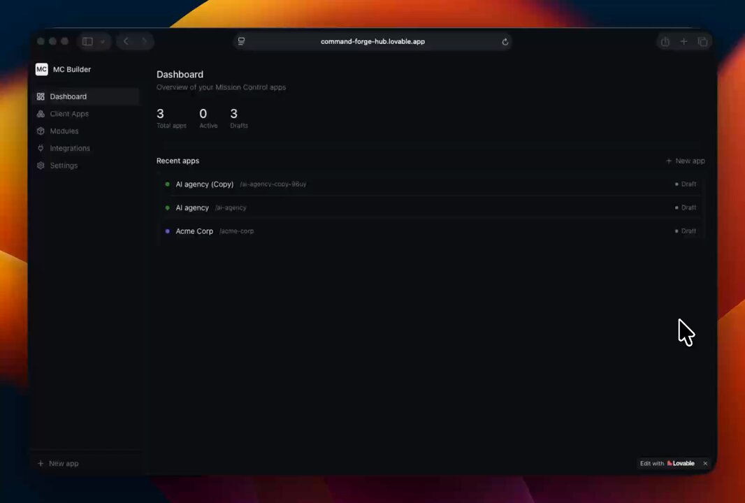 Lovable interface generating a modular OpenClaw mission control dashboard with toggleable feature blocks for custom agency deployment