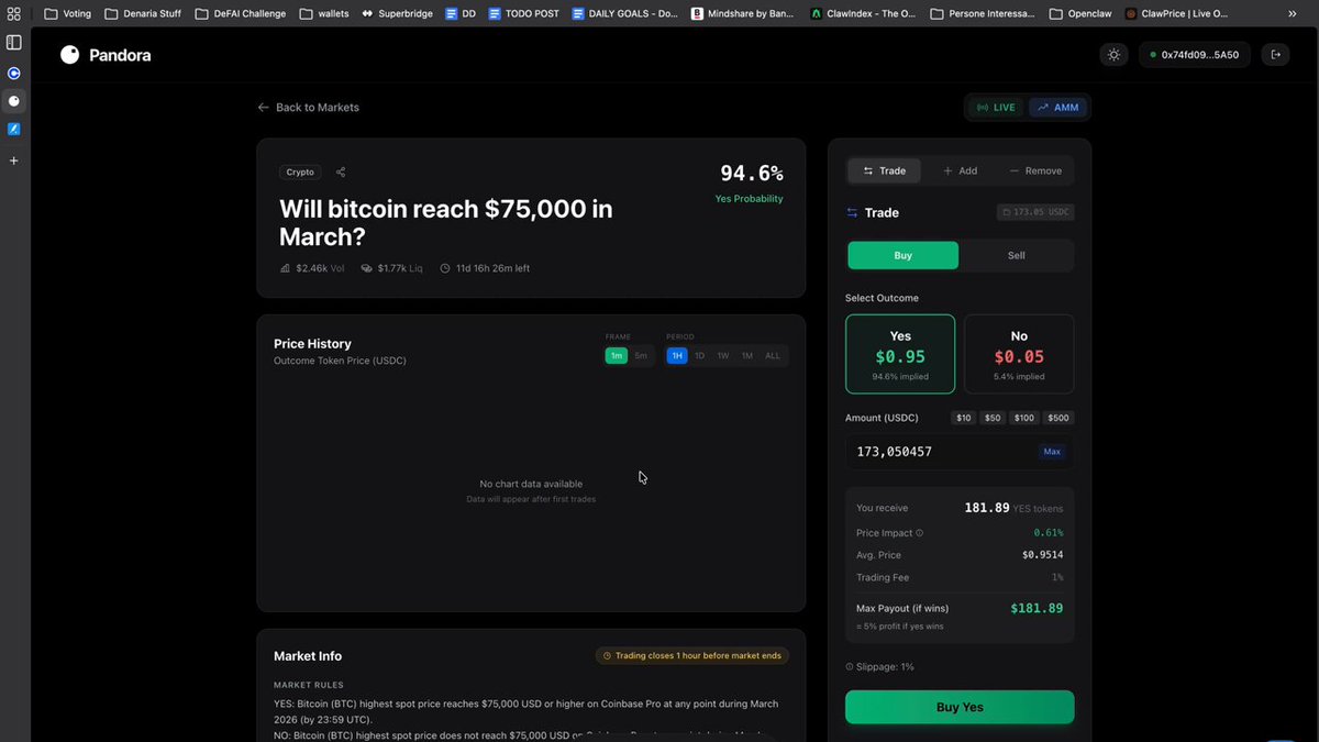 OpenClaw agent interface analyzing Pandora AI market data to execute a Bitcoin $75k arbitrage trade
