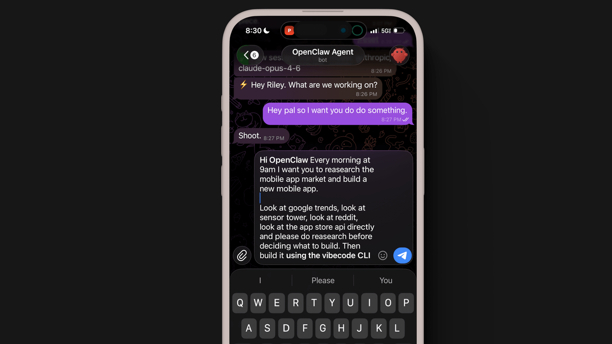 Autonomous agent executing Vibecode CLI to generate a complete React Native iOS app structure after morning research