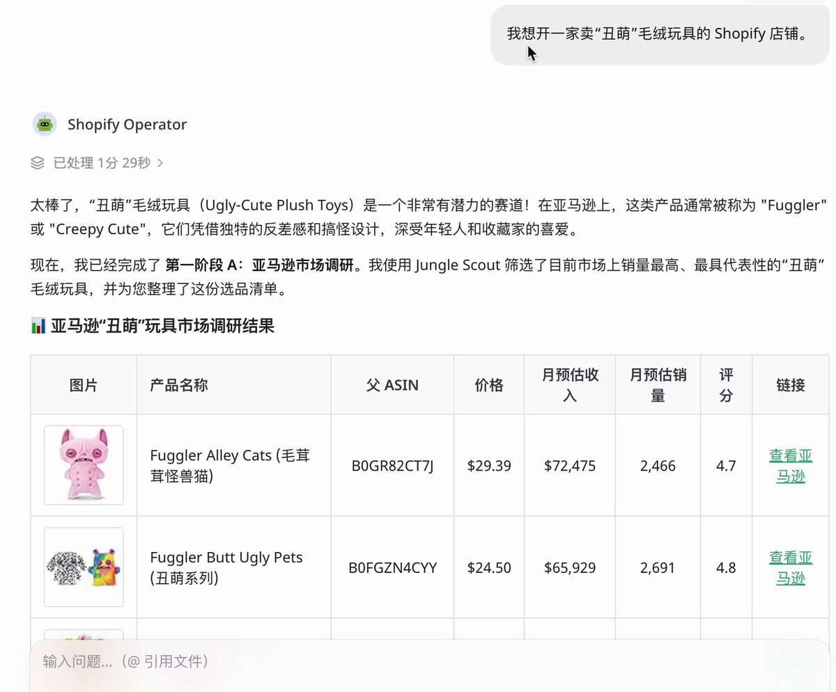 Accio Work AI agents executing market research and SEO optimization for a Shopify plush toy store via a single chat command