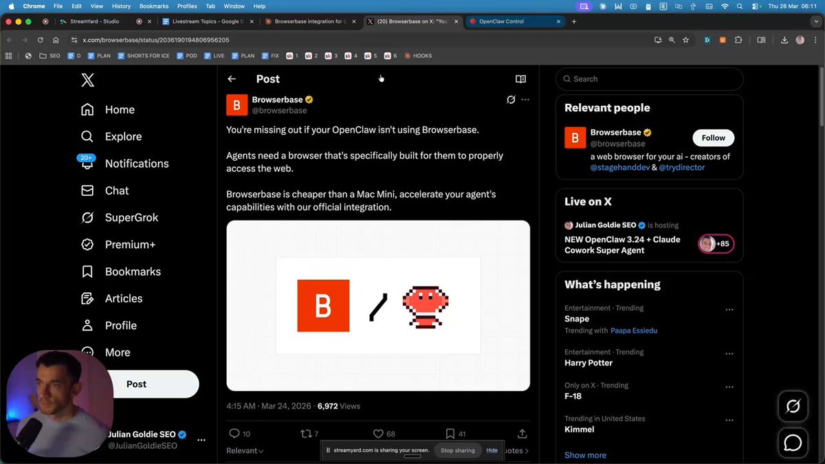 OpenClaw agent autonomously browsing multiple tabs for trend research and competitor analysis data