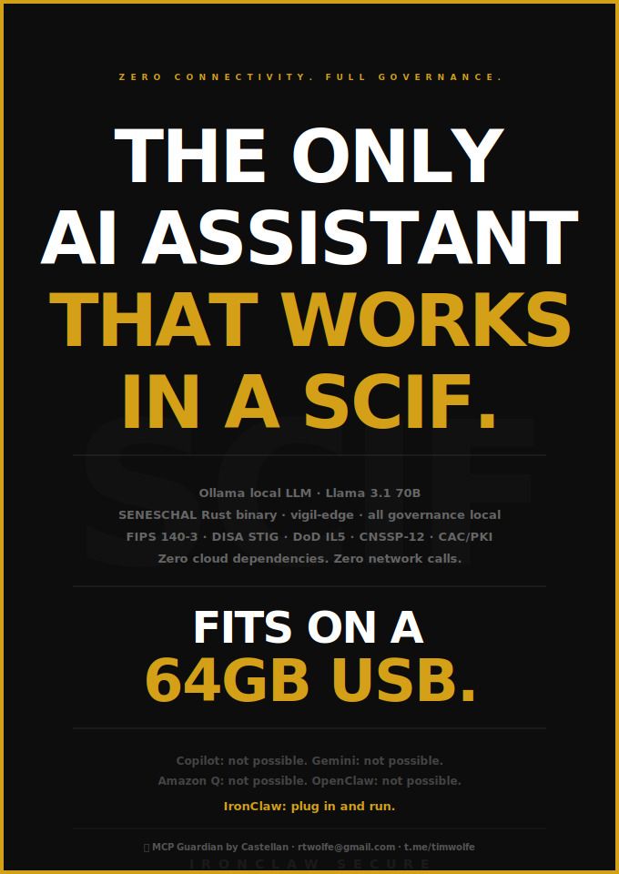 IronClaw offline AI deployment interface running on a secure SCIF workstation with no network connectivity