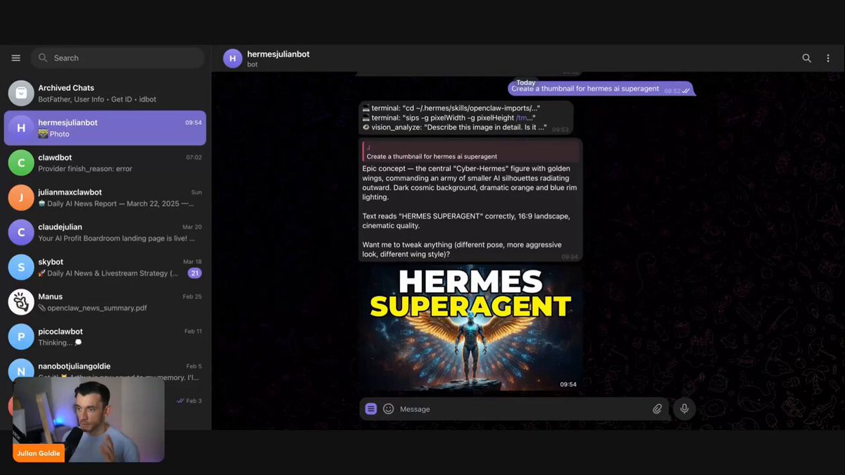 Hermes AI 代理在 Telegram 界面中自动部署网站并生成缩略图的演示
