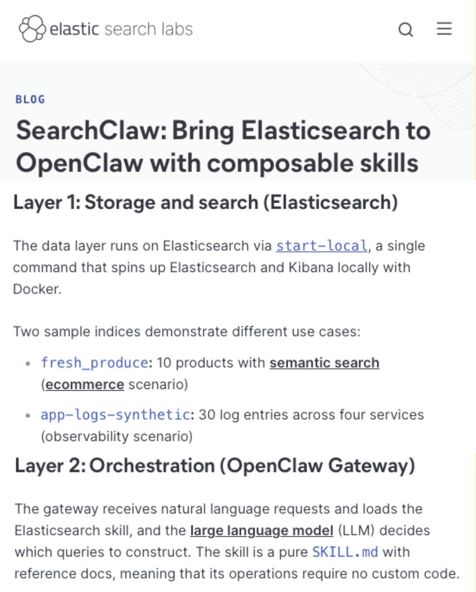 Diagram showing Elasticsearch cluster connection to OpenClaw agent interface for local data processing