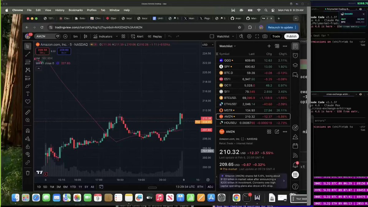 Claude AI trading bot dashboard displaying real-time chart analysis and executed trades with risk management parameters on Polymarket