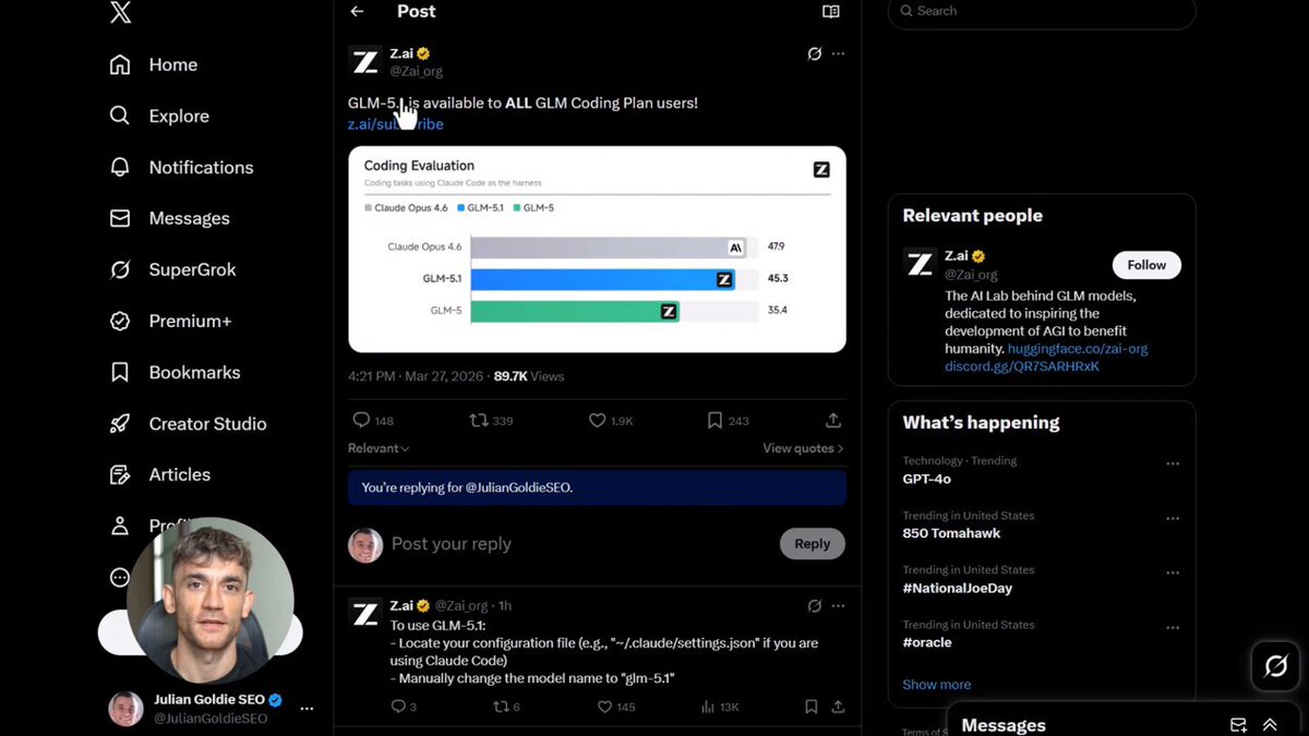 GLM 5.1 744B agentic model interface enabling autonomous coding tasks in OpenClaw without paywall restrictions