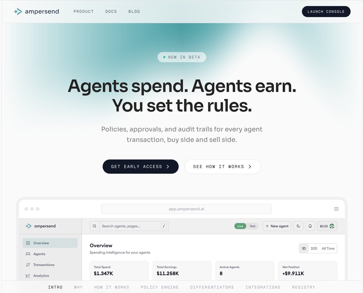 Ampersand dashboard displaying agentic payment orchestration flow on x402 with active monitoring and guardrail status indicators