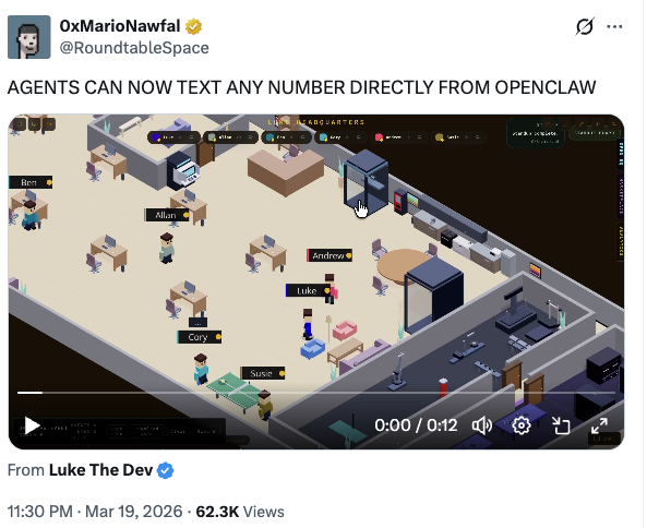 Claw3D 可视化工作区界面,展示 AI 智能体在看板上的任务列表及实时运行状态指示器