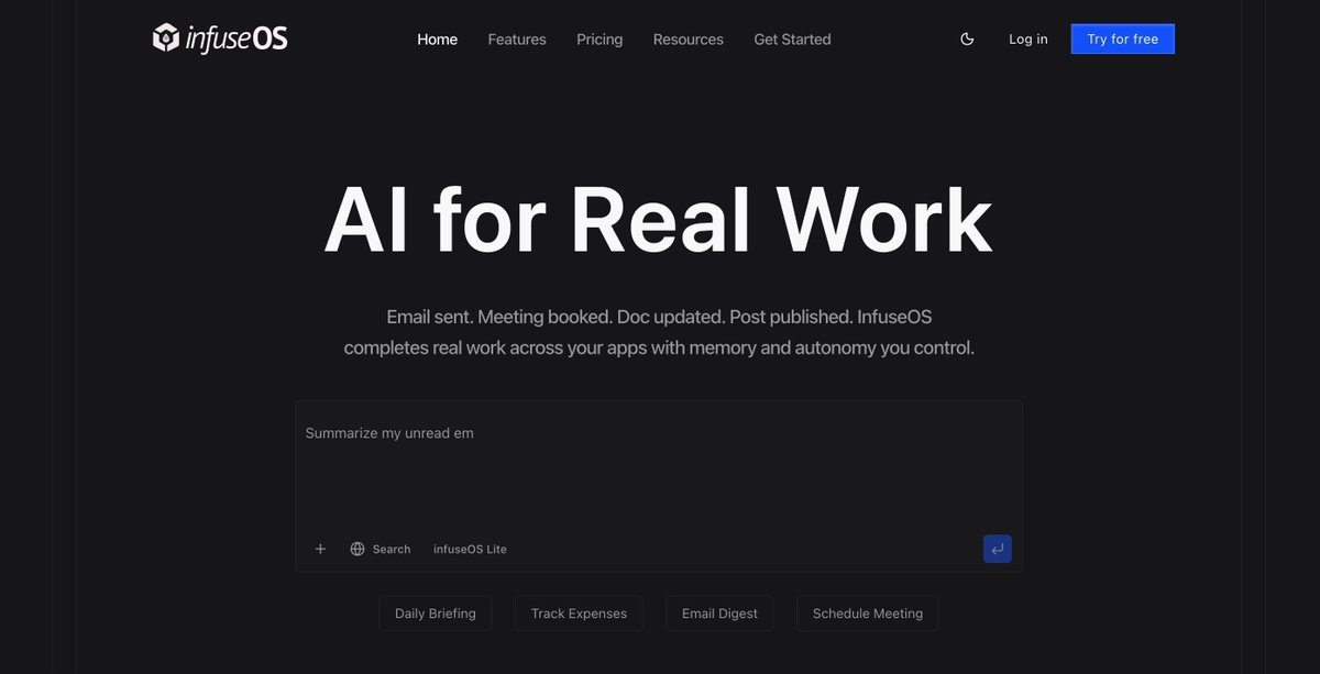 InfuseOS 界面展示在 Gmail 和日历应用中自动执行发送邮件和预订会议的完整工作流