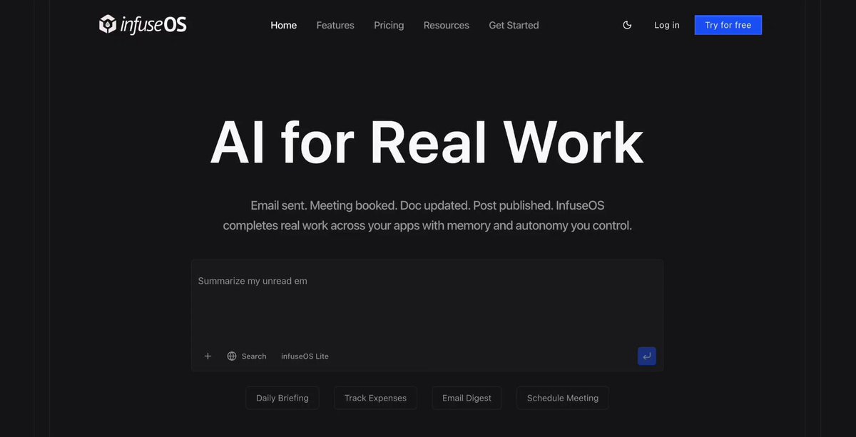 InfuseOS 仪表盘展示连接 Google、Instagram 和 Telegram 的自主工作流执行过程及可见的任务状态