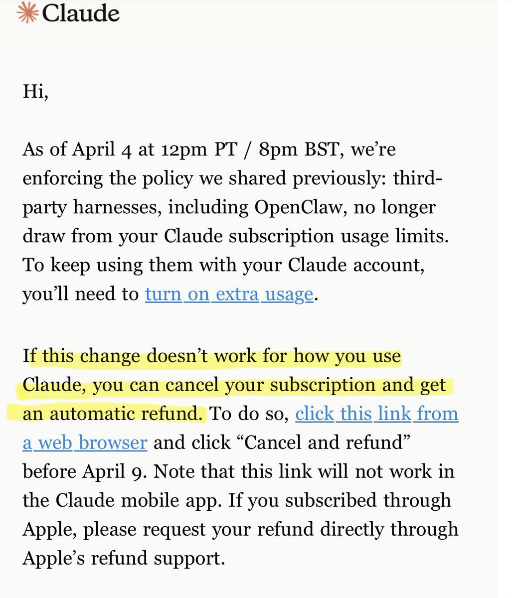 WOW
Anthropic just doubled down and told Openclaw users “if you don’t like this policy change, canc