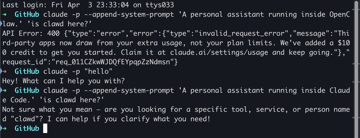 刚我也测试了下,用“ --append-system-prompt”和“-p”是可以的,但是不能有 OpenClaw 关键字在 system prompt https://t.co/vkn6ZAUpT