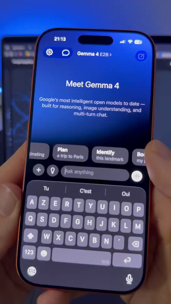 Google AI Edge Gallery interface displaying offline Gemma 4 chat session with text and image analysis on a smartphone screen