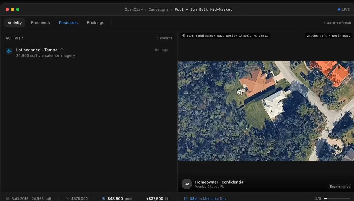 OpenClaw analyzing satellite imagery to identify homes with empty backyards and generating 3D pool renderings for direct mail campaigns