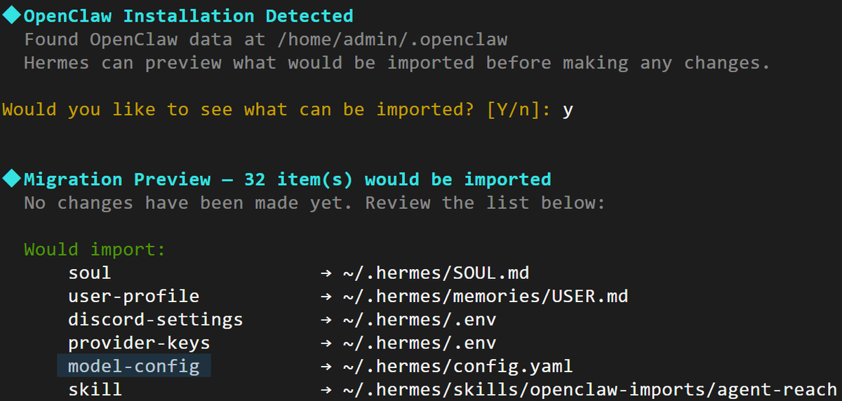 Hermes Agent terminal interface scanning and migrating OpenClaw soul, user-profile, and skill configurations on a VPS server